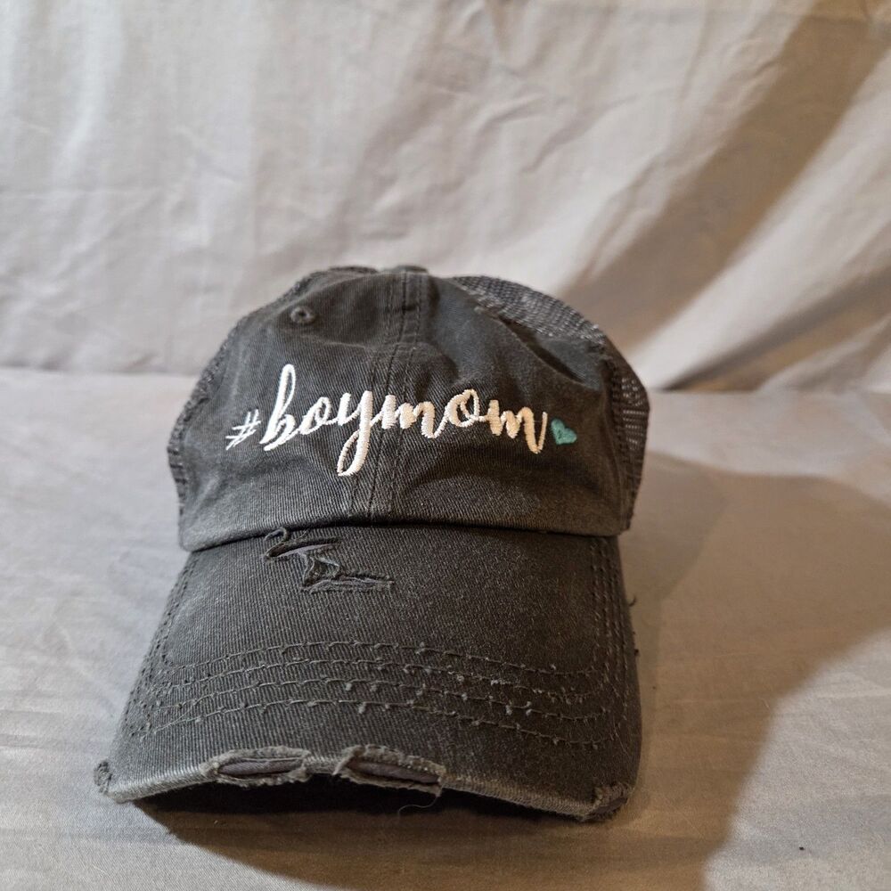 #boymom Black Adjustable Baseball Ball Cap Hat w/ Ponytail Hole Distressed